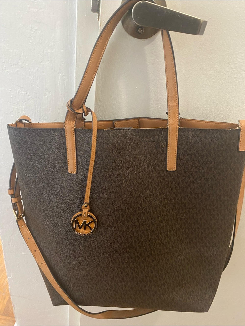 Michael Kors Dark Brown Monogram Tote with Tan Trim